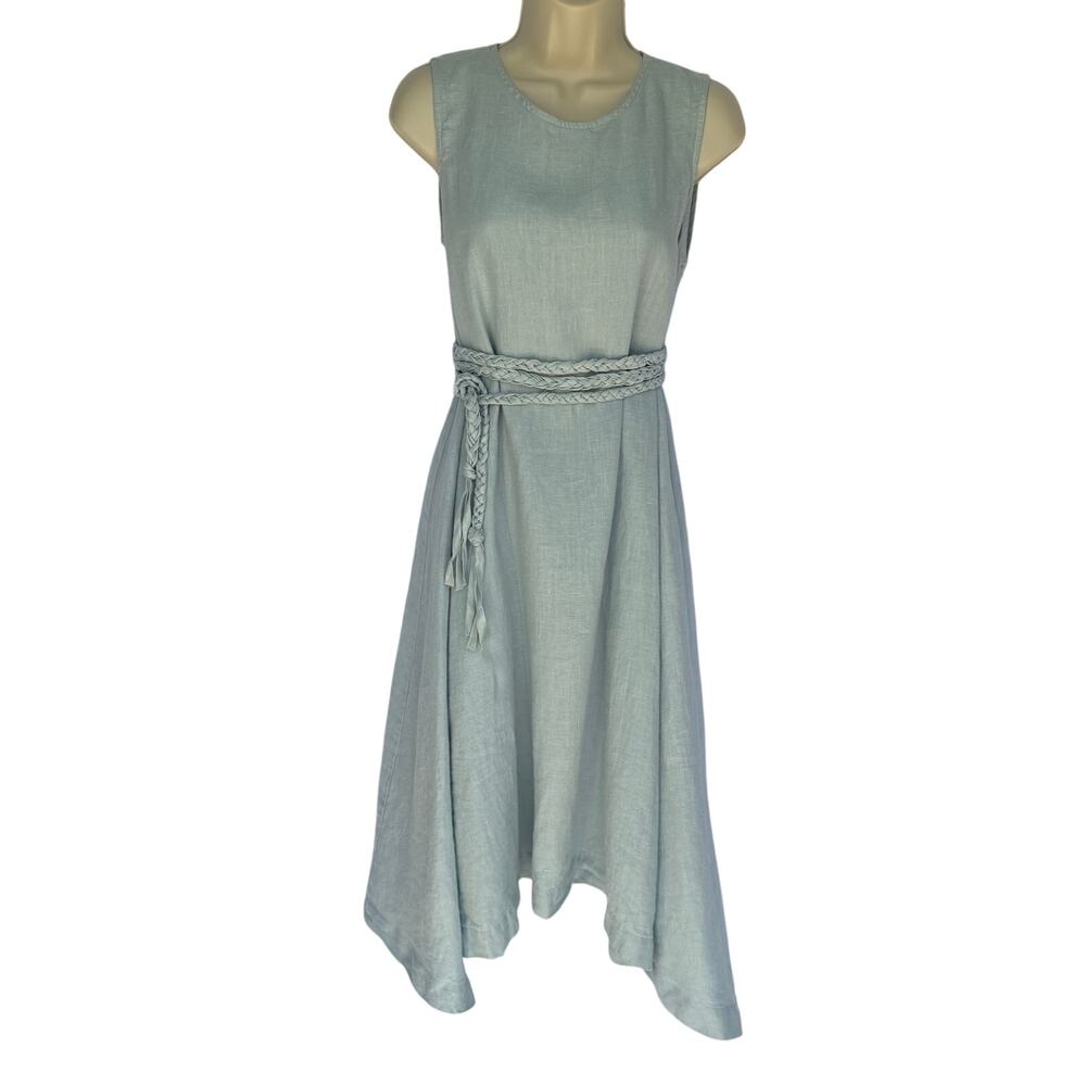 MagicLinen Sleeveless Linen Midi Dress Loose Fit Asym Hem Lagenlook Blue Size Sm